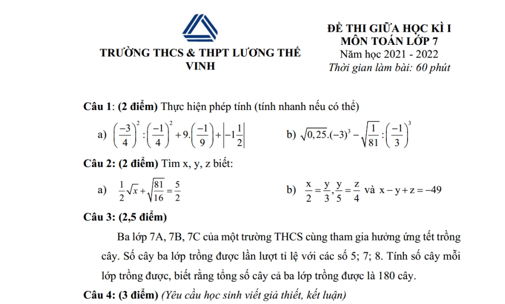 Toán 7: Đề kiểm tra giữa học kỳ 1. Trường THCS Lương Thế Vinh năm học 2021-2022